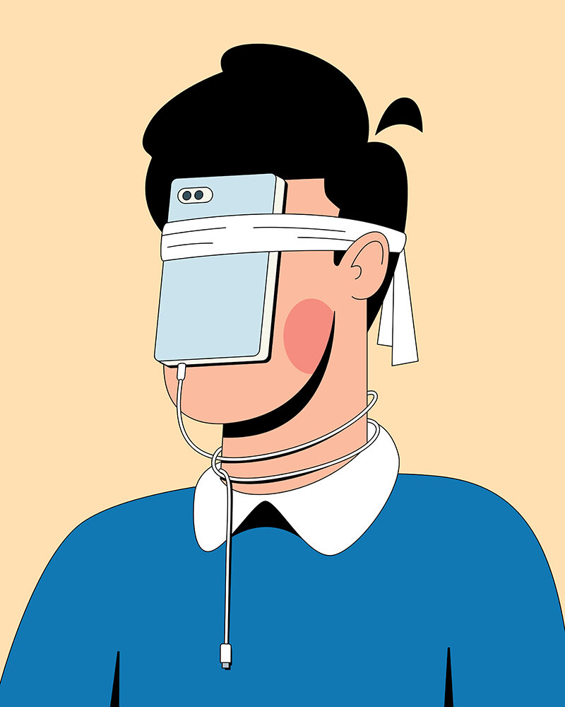 Illustration eines Mannes mit dunklem Haar, sein Handy an den Kopf und das Kabel um den Hals gebunden.