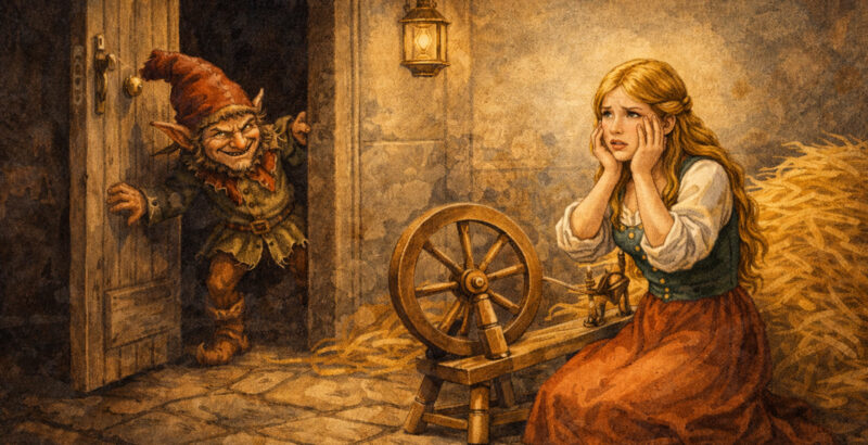 Gemalte Szene in einer Stube: Eine junge Frau sitzt am Spinnrad, vor ihr liegt goldfarbenes Stroh. Sie blickz verzweifelt und ein kleines Männchen mit spitzen Ohren und einer roten Zipfelmütze blickt zur Tür hinein.