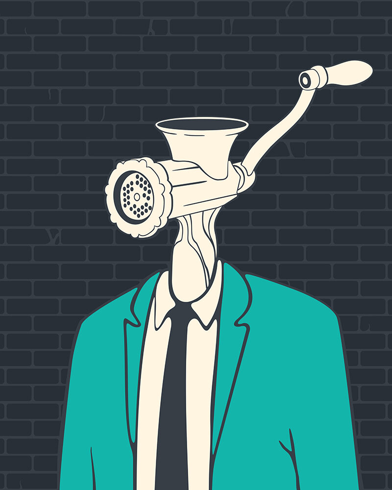 Illustration einer Person im Anzug, deren Kopf durch einen Fleischwolf ersetzt ist.“