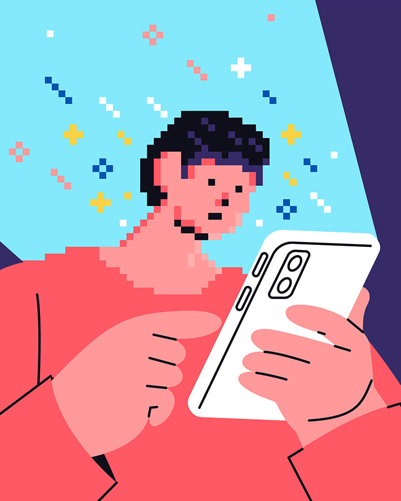 Illustration einer Person mit teilweise verpixeltem Gesicht, die ein Tablet in den Händen hält.