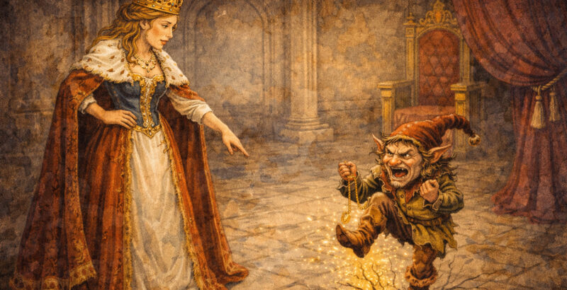 Eine Frau mit edlem, pelzbesetztem Umhang deutet auf ein wild tanzendes kleines Männchen mit spitzen Ohren und roter Zipfelmütze.