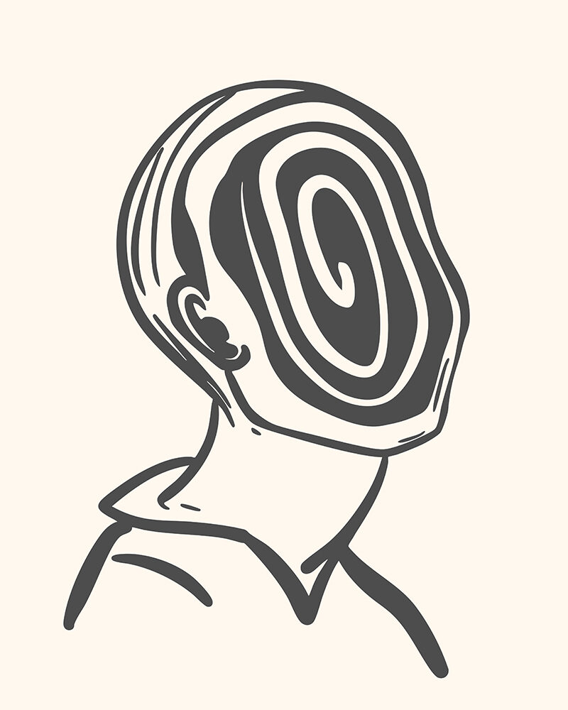 Grafische Darstellung eines Kopfes, dessen Innenfläche mit einem schwarzen Spiralmuster gefüllt ist.