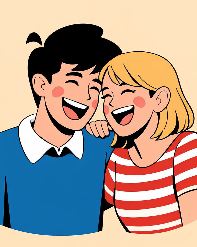 Illustration eines Mannes und einer Frau, die eng nebeneinander stehen und lachen.