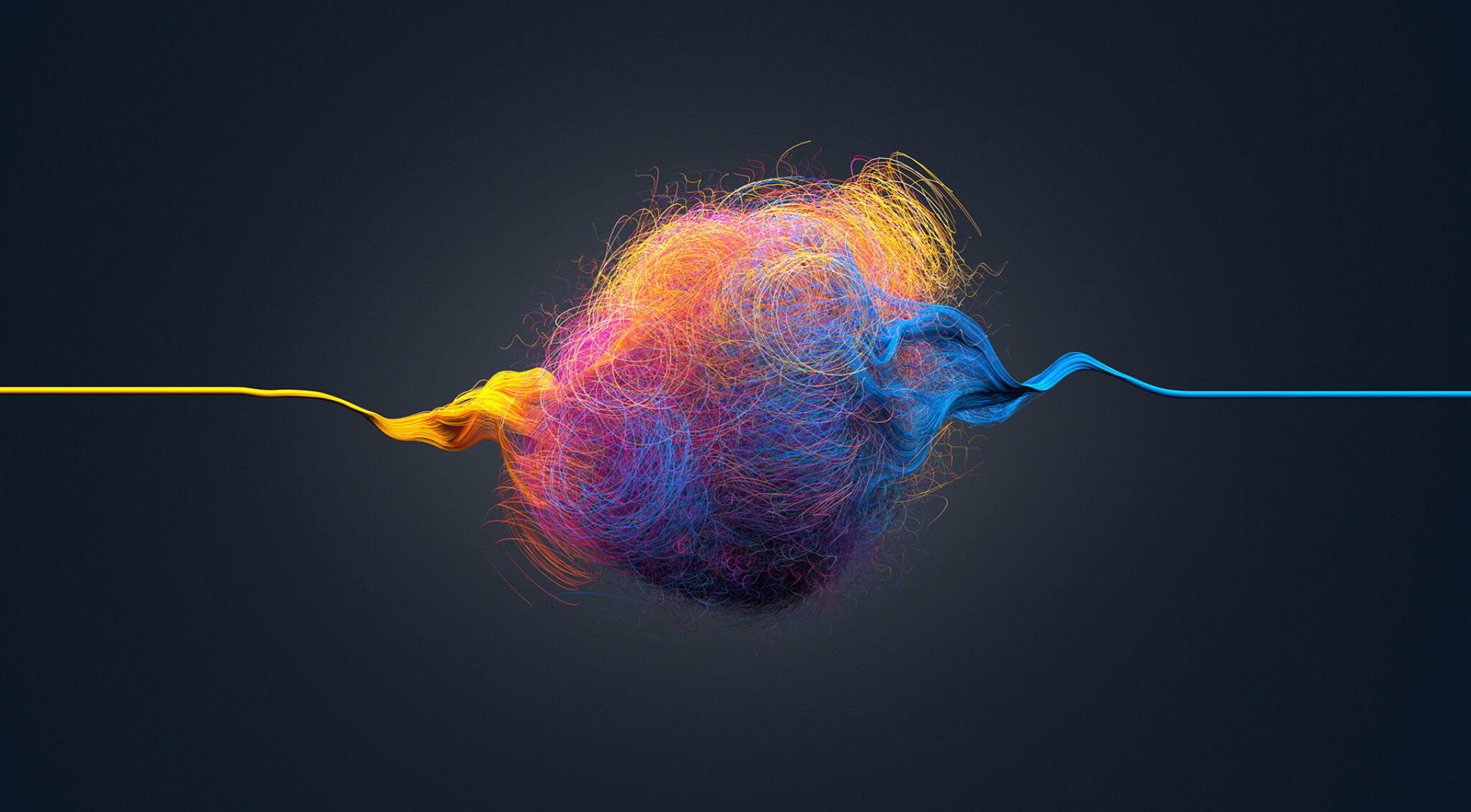 Abstrakte, farbintensive Darstellung eines dynamischen, fadenartigen Gebildes in Blau-, Pink- und Gelbtönen vor dunklem Hintergrund – Symbol für Transformation und Veränderung.