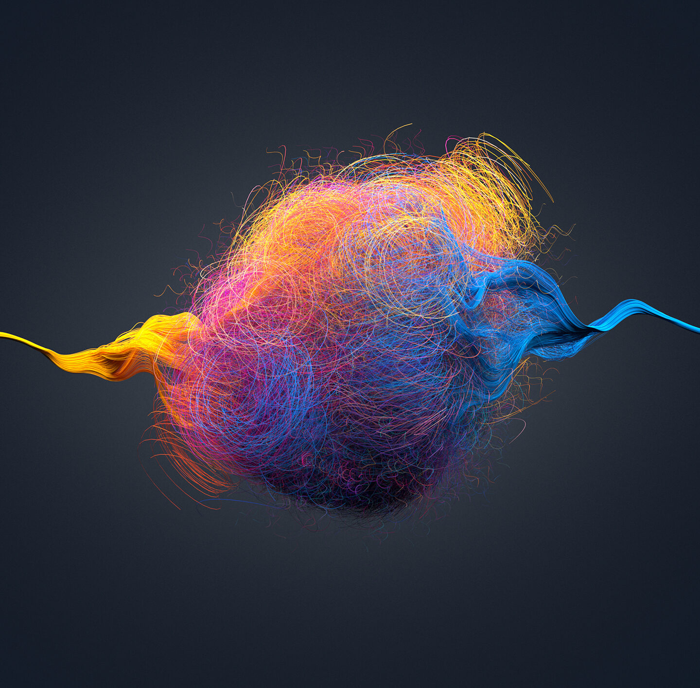 Abstrakte, farbintensive Darstellung eines dynamischen, fadenartigen Gebildes in Blau-, Pink- und Gelbtönen vor dunklem Hintergrund – Symbol für Transformation und Veränderung.