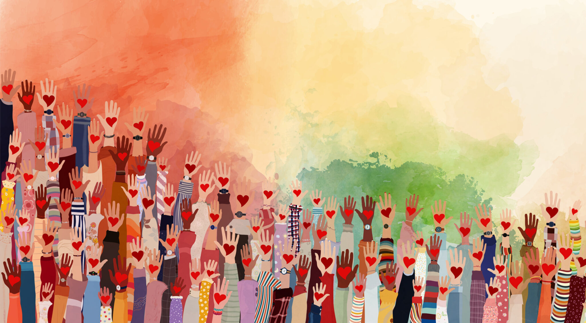 Illustration von nach oben gesteckten Armen, mit roten Herzen auf den geöffneten Händen vor einem pastellfarbenen Hintergrund.