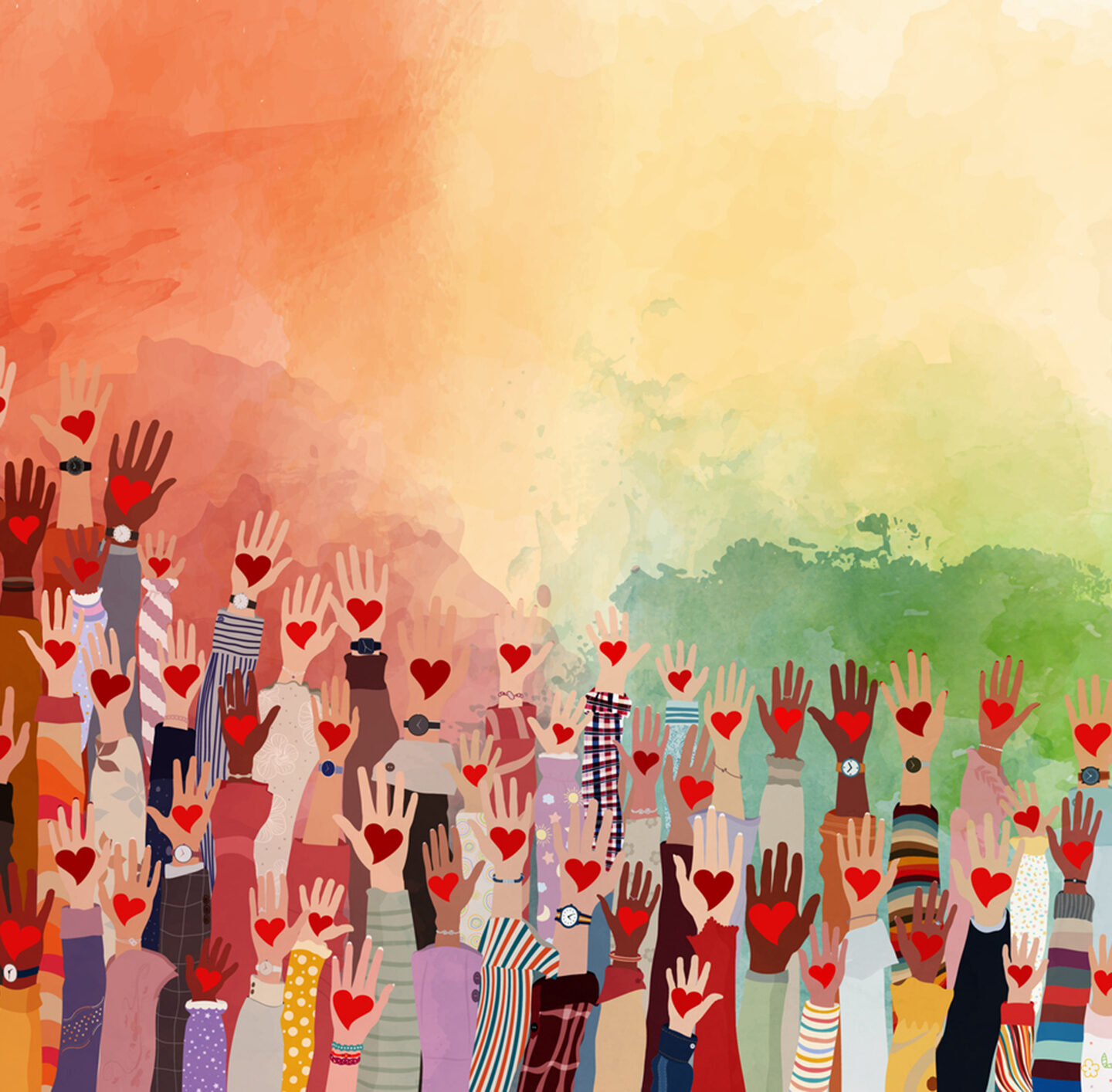 Illustration von nach oben gesteckten Armen, mit roten Herzen auf den geöffneten Händen vor einem pastellfarbenen Hintergrund.