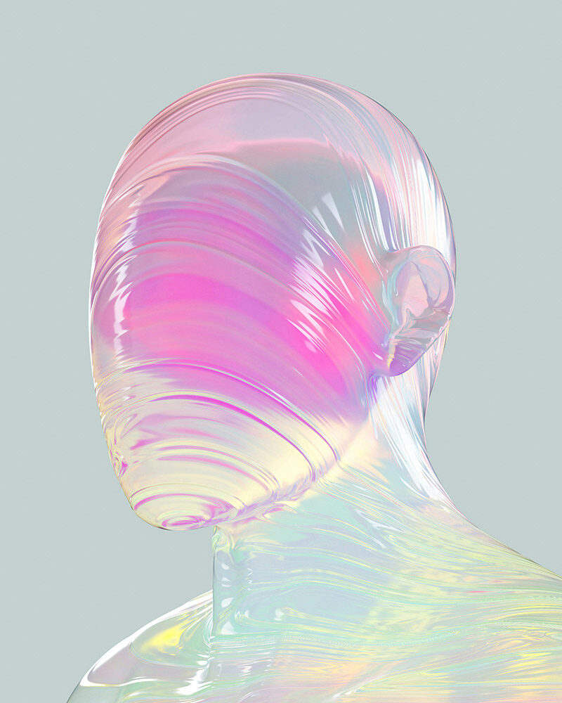 Glänzende, rosafarbene, organisch geformte Abbildung eines menschlichen Kopfes vor hellem Hintergrund.