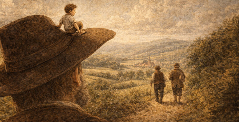 Ein winzig kleiner Junge sitzt auf der Hutkrempe eines Mannes und blickt über eine weite Landschaft und blickt zwei Wanderern hinterher.