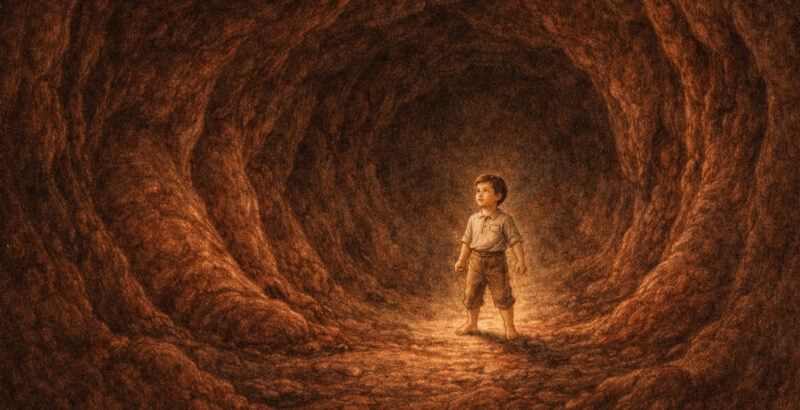 Kleiner Junge steht in einem rötlich leuchtenden Tunnel oder Erdgang und hält die Arme leicht vom Körper ab.