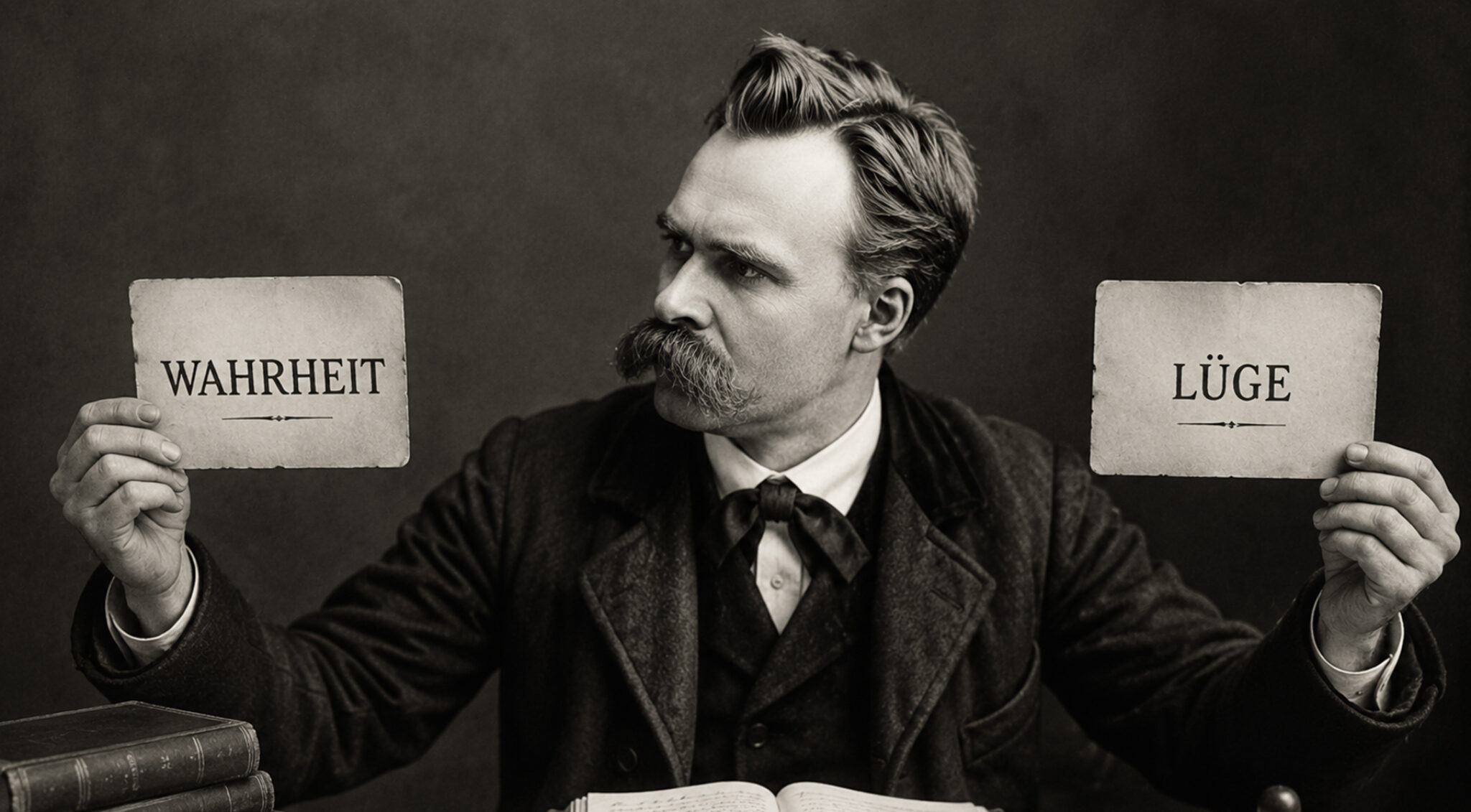 Schwarzweißfotografie von Friedrich Nietzsche an einem Schreibtisch. Er blickt nachdenklich zur Seite und hält mit ausgestreckten Armen zwei beschriftete Karten mit den Worten Wahrheit und Lüge hoch – eine in jeder Hand: Vor ihm liegen Bücher und lose Blätter.