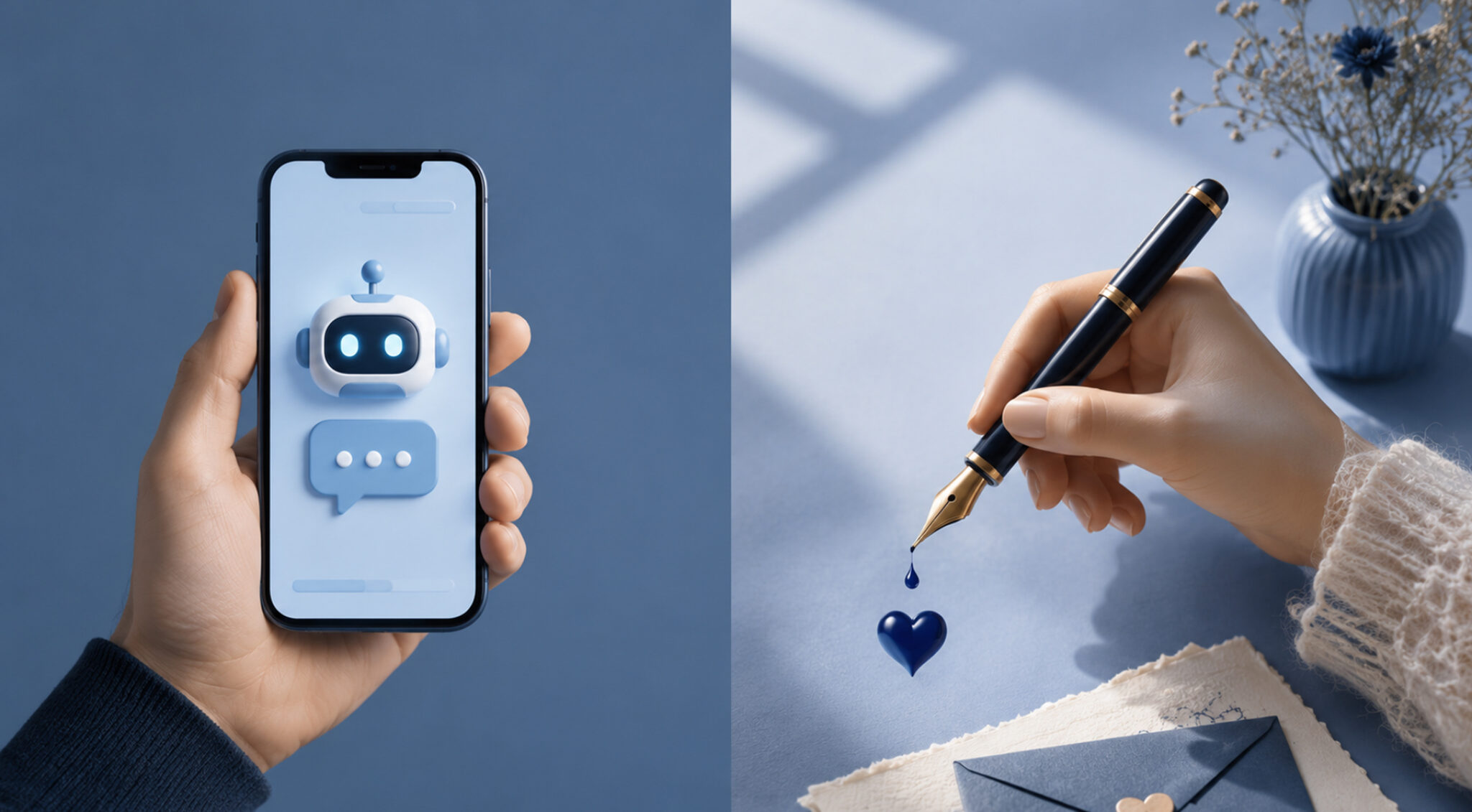 Das Headerbild besteht aus zwei Bildhälften. Links umfasst eine Hand ein Smartphone mit einer grafischen Darstellung eines lächelnden Chatbots auf hellblauem Display. Rechts ist eine Nahaufnahme einer Hand zu sehen, die einen schwarzen Füllfederhalter über ein Blatt Papier führt. An der Schreibfeder hängt ein blauer Tintentropfen in Form eines Herzens; im unscharfen Hintergrund stehen eine hellblaue Keramikvase mit Zweigen sowie weitere Gegenstände auf einem Schreibtisch.