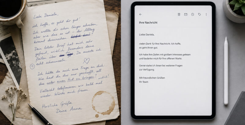 Zweiteilige Bildkomposition: Links liegt ein handgeschriebener Brief mit blauer Tinte neben einem getrockneten Zweig und einem Füllfederhalter auf einem Holztisch. Rechts zeigt ein Tablet oder Bildschirm einen digital geschriebenen Text auf weißem Hintergrund; daneben liegt ein weißer Eingabestift.