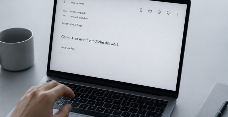 Geöffneter Laptop auf einem Schreibtisch. Auf dem Bildschirm beginnt eine E-Mail mit den Worten „Gerne. Hier eine freundliche Antwort.“; links daneben steht eine graue Tasse, rechts liegt ein Smartphone.