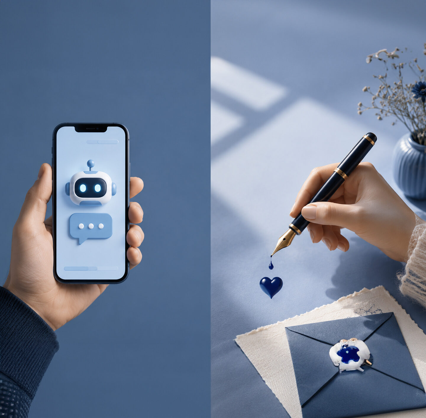 Das Headerbild besteht aus zwei Bildhälften. Links umfasst eine Hand ein Smartphone mit einer grafischen Darstellung eines lächelnden Chatbots auf hellblauem Display. Rechts ist eine Nahaufnahme einer Hand zu sehen, die einen schwarzen Füllfederhalter über ein Blatt Papier führt. An der Schreibfeder hängt ein blauer Tintentropfen in Form eines Herzens; im unscharfen Hintergrund stehen eine hellblaue Keramikvase mit Zweigen sowie weitere Gegenstände auf einem Schreibtisch.