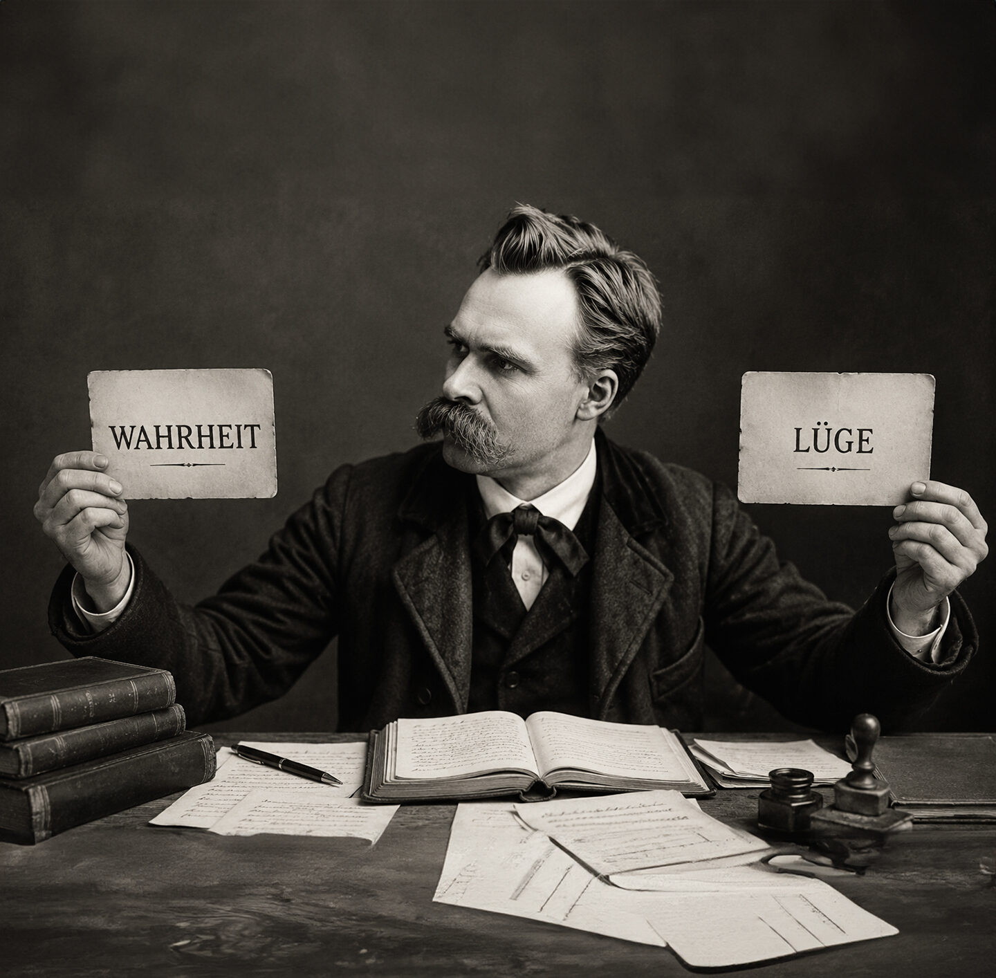 Schwarzweißfotografie von Friedrich Nietzsche an einem Schreibtisch. Er blickt nachdenklich zur Seite und hält mit ausgestreckten Armen zwei beschriftete Karten mit den Worten Wahrheit und Lüge hoch – eine in jeder Hand: Vor ihm liegen Bücher und lose Blätter.