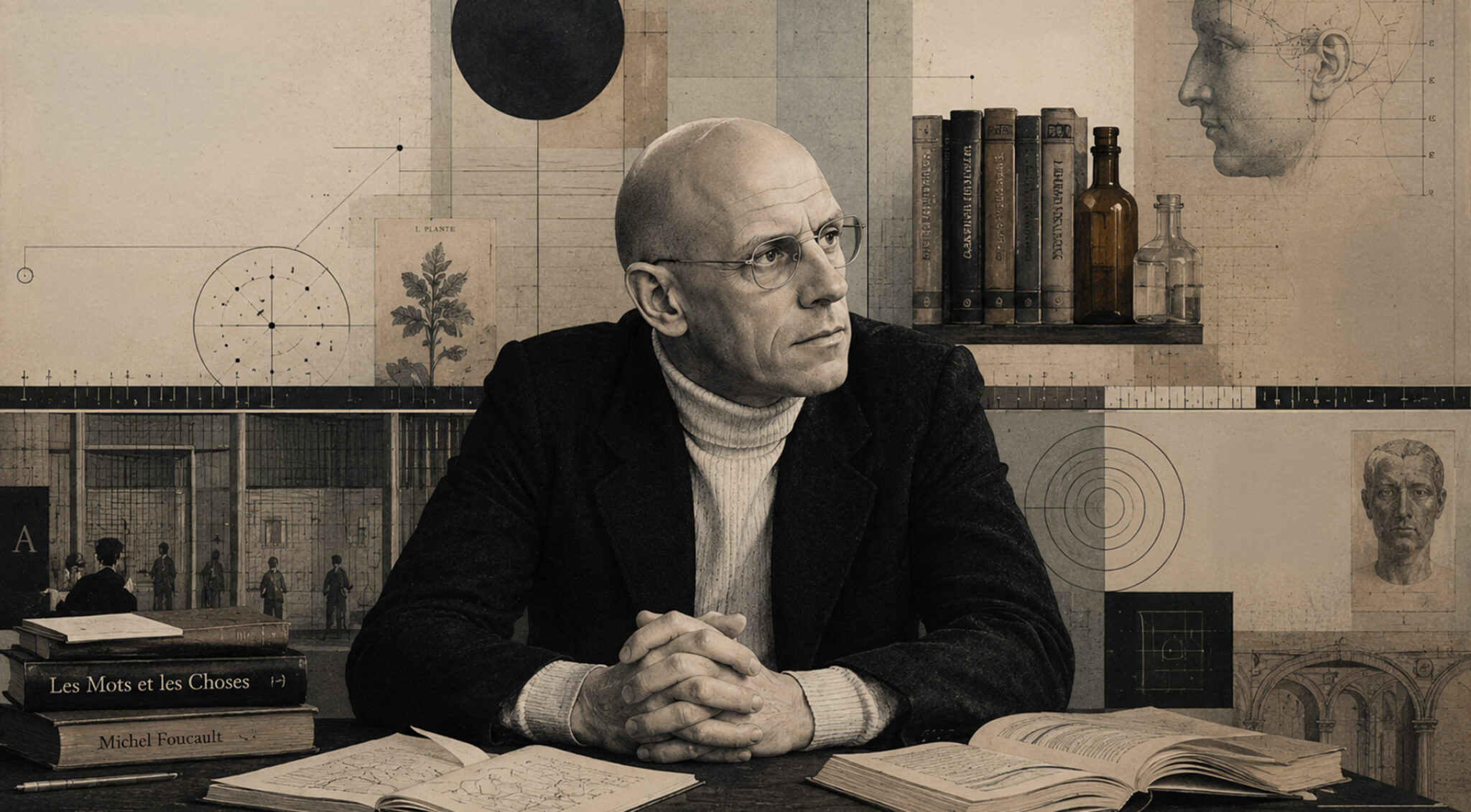 Historisches Porträt von Michel Foucault mit Glatze, Brille und hellem Rollkragenpullover unter einem dunklen Sakko. Er sitzt nach links gewandt vor einem Hintergrund aus Büchern, wissenschaftlichen Zeichnungen, architektonischen Skizzen und einer antiken Büste. Links unten ist das Buchcover von Les Mots et les Choses zu sehen.