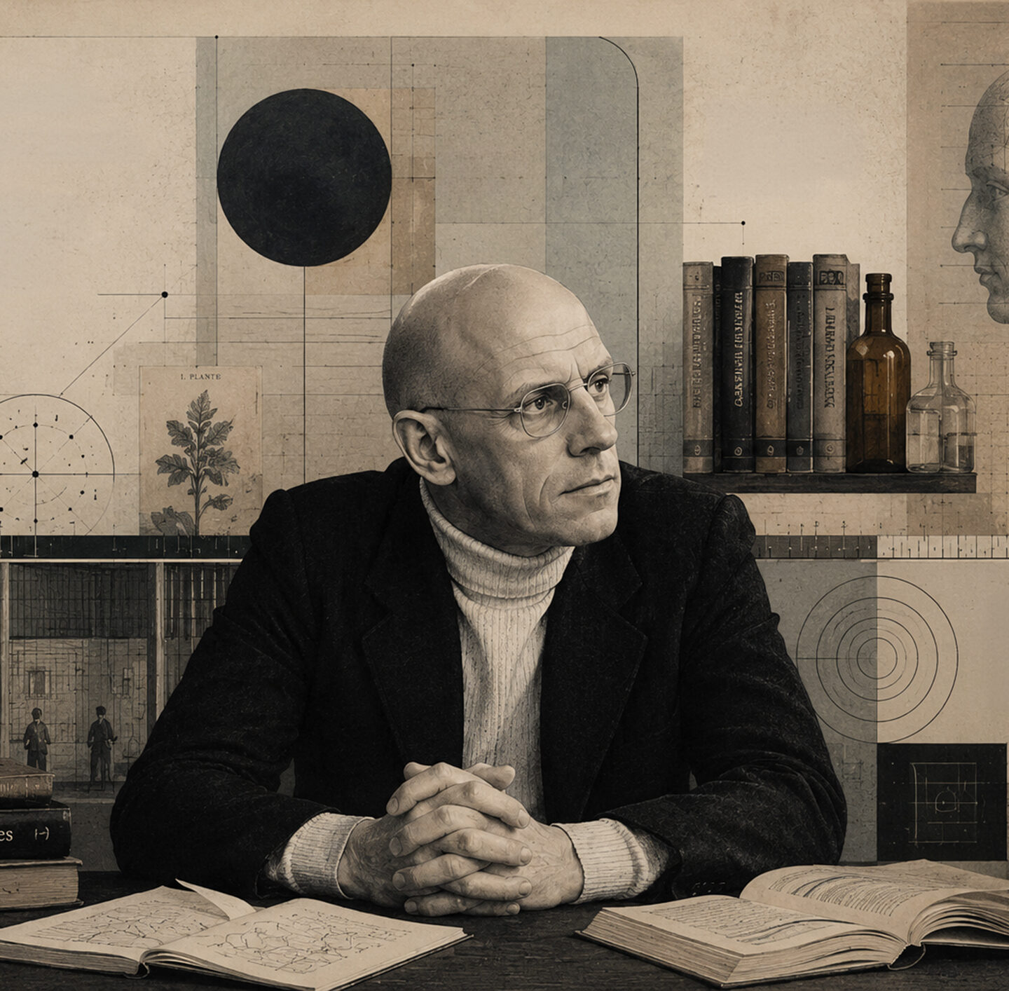 Historisches Porträt von Michel Foucault mit Glatze, Brille und hellem Rollkragenpullover unter einem dunklen Sakko. Er sitzt nach links gewandt vor einem Hintergrund aus Büchern, wissenschaftlichen Zeichnungen, architektonischen Skizzen und einer antiken Büste. Links unten ist das Buchcover von Les Mots et les Choses zu sehen.“