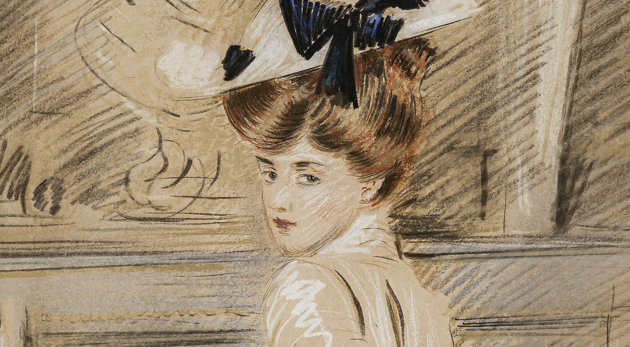 Porträt von Alice Helleu mit hellem Hut und schwarzer Schleife, gezeichnet von Paul César Helleu