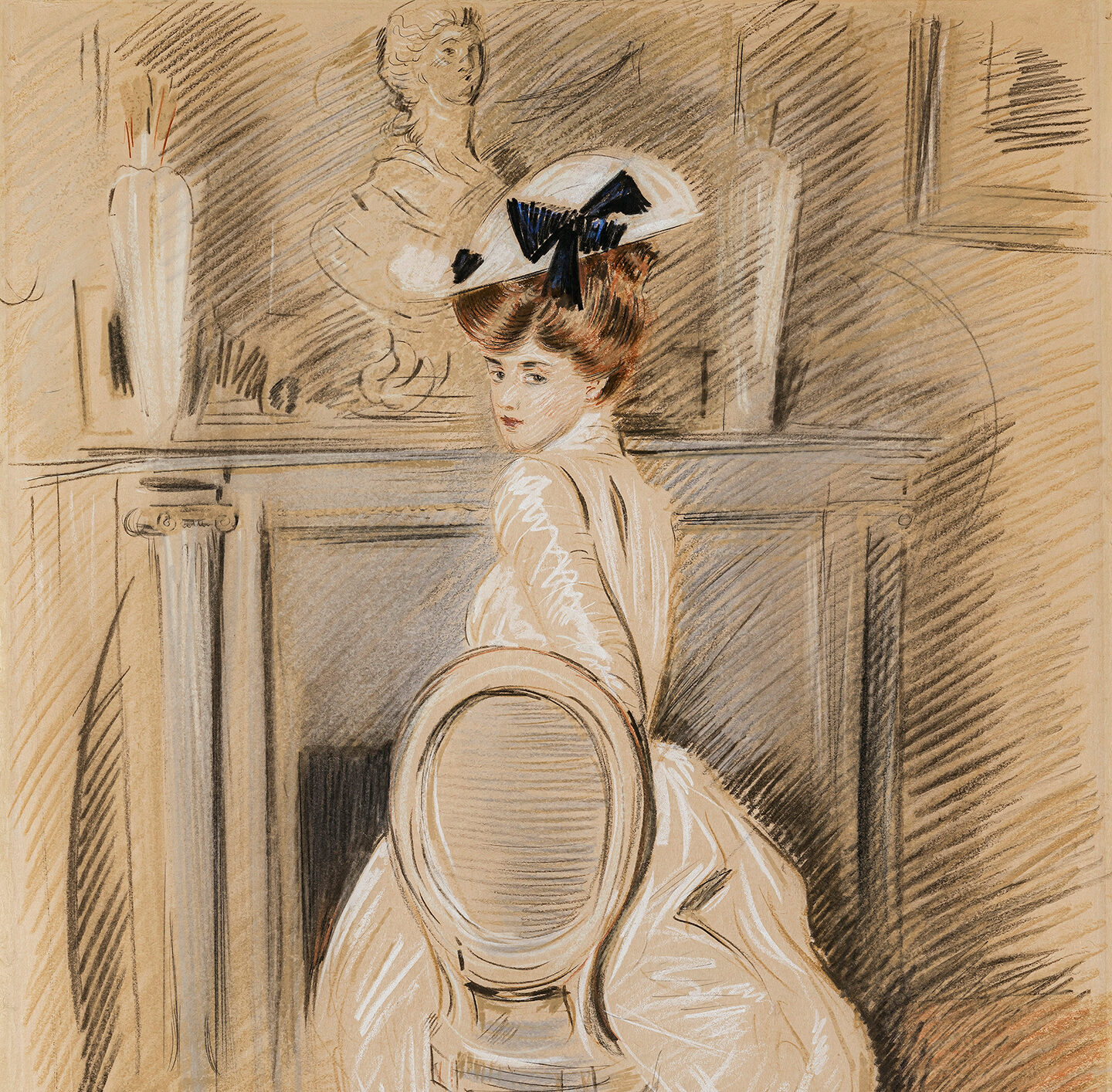 Porträt von Alice Helleu mit hellem Hut und schwarzer Schleife, gezeichnet von Paul César Helleu