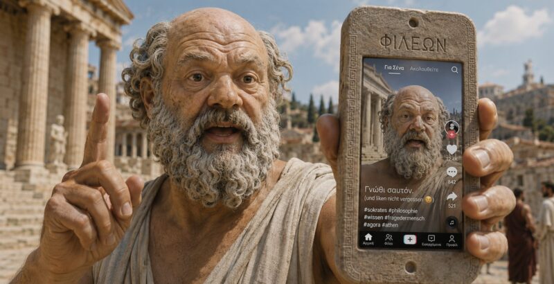 Antiker Philosoph zeigt ein Smartphone mit Social-Media-Profil im historischen Athen