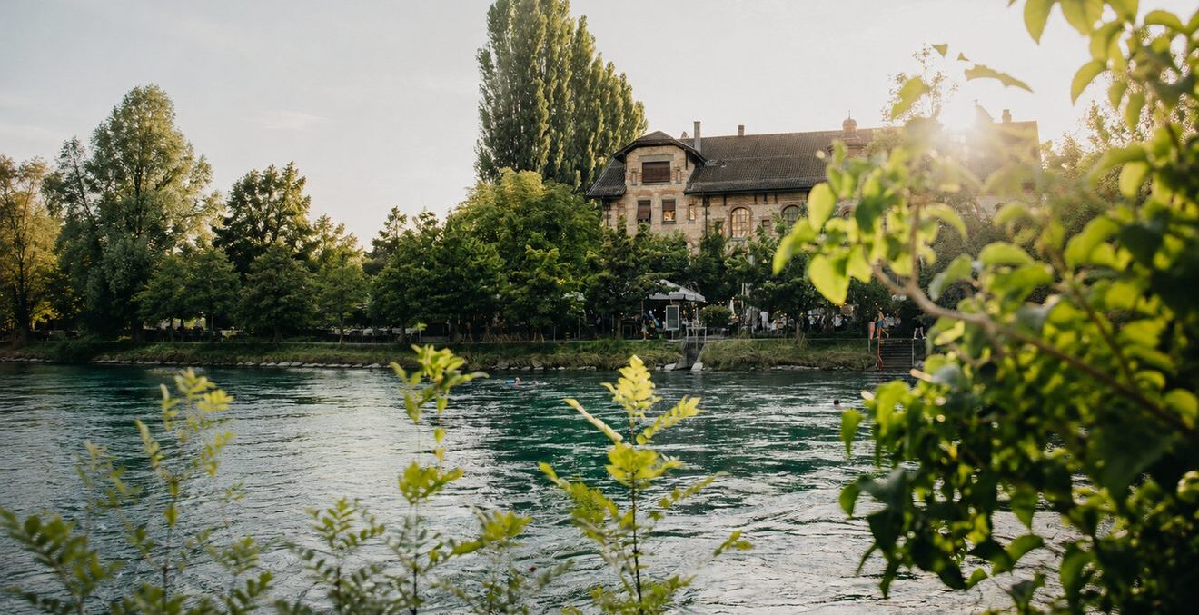 Backsteingebäude und grünes Ufer an der Aare in Bern im warmen Sonnenlicht