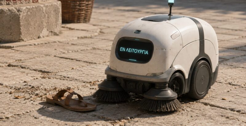 Autonomer Reinigungsroboter neben einer Sandale auf einem antiken Marktplatz